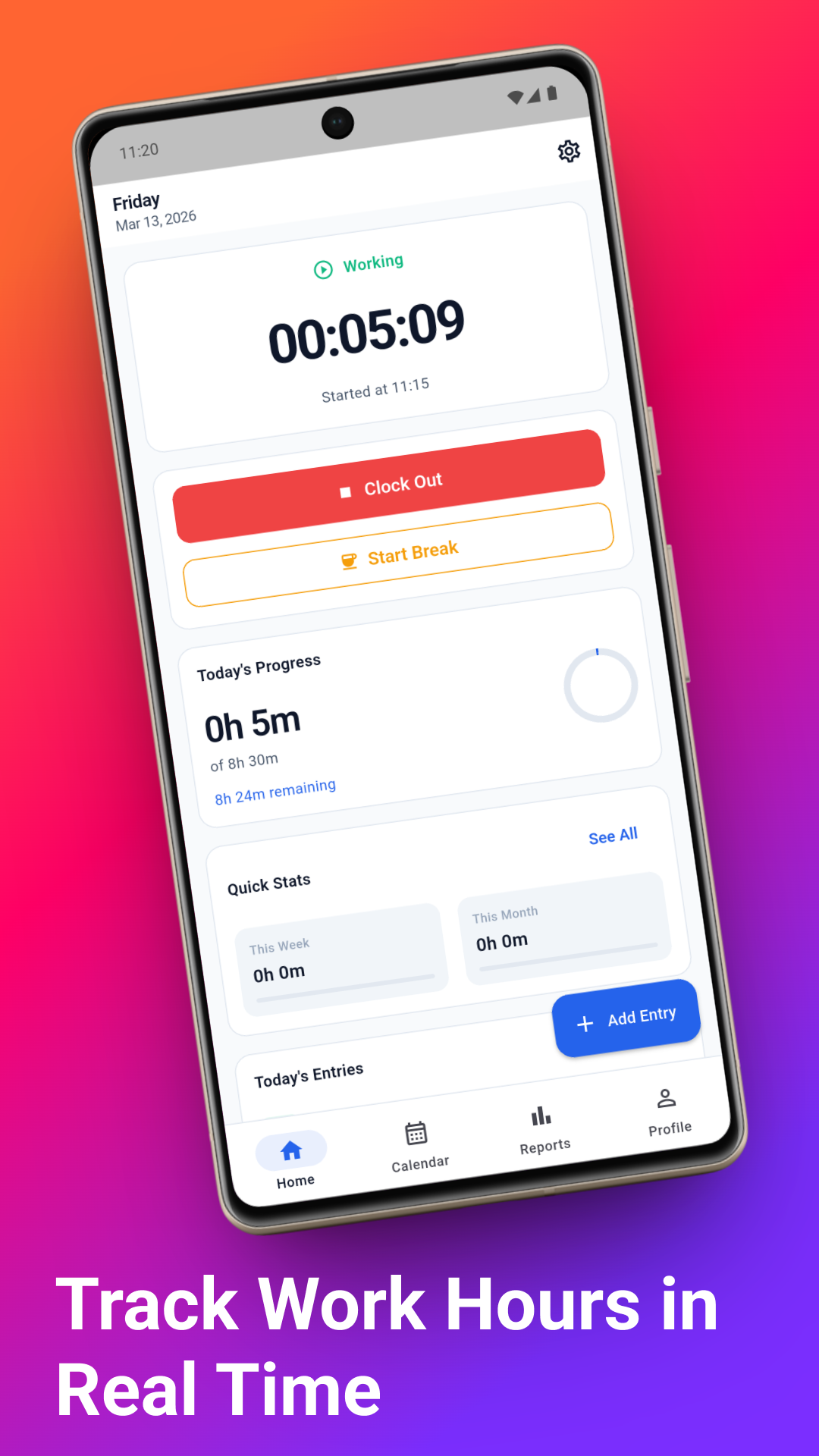 Hours Tracker App - Main interface showing time clock timer, daily work log and quick clock in feature