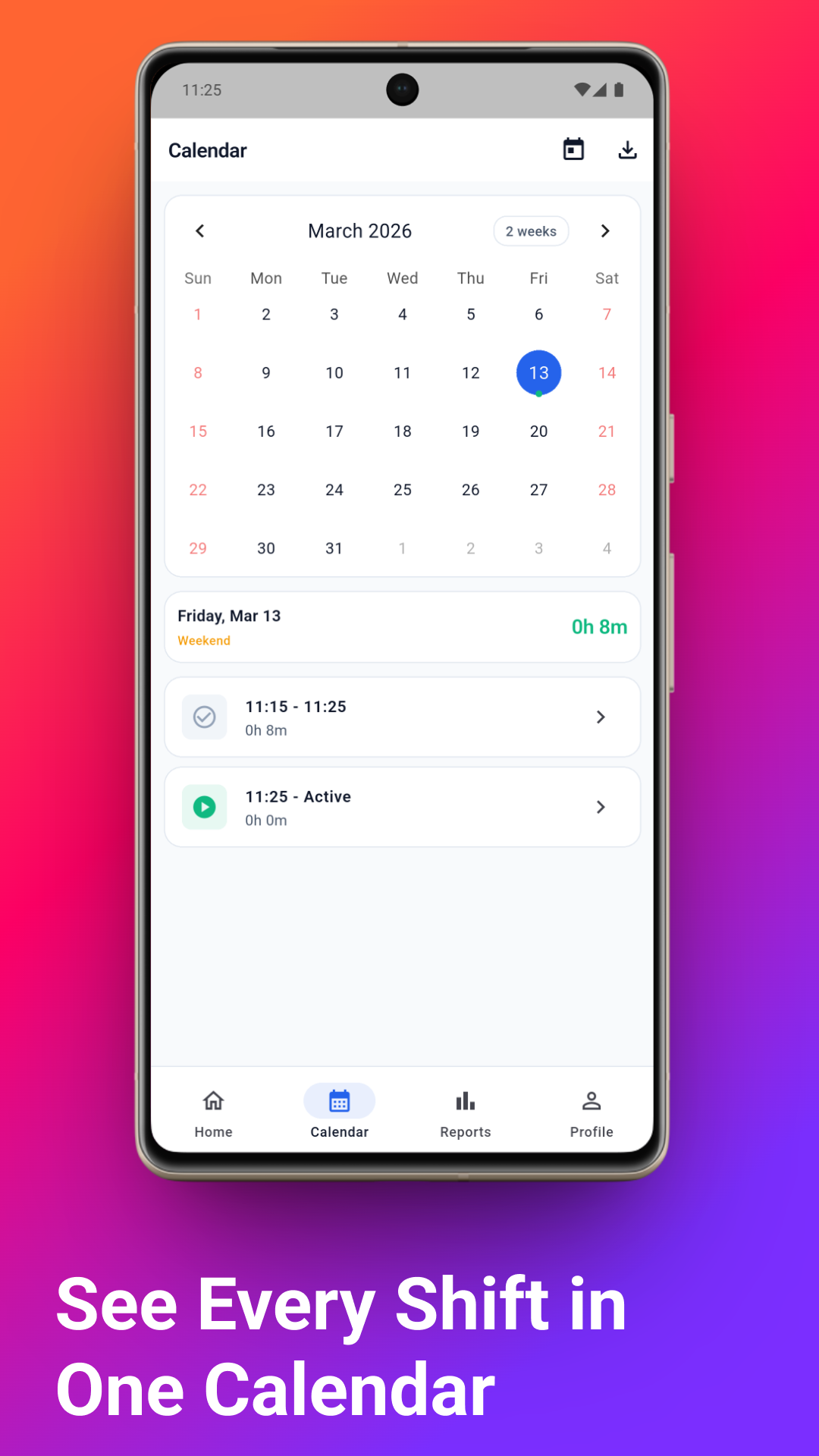 Hours Tracker calendar view showing work history